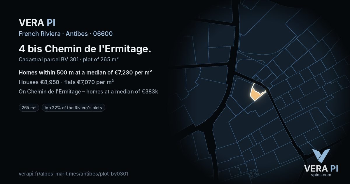 4 bis Chemin de l'Ermitage, Antibes at night – the plot lit, the parcels around coloured by the prices near them