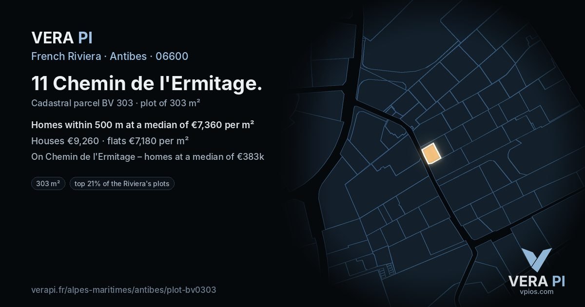 11 Chemin de l'Ermitage, Antibes at night – the plot lit, the parcels around coloured by the prices near them