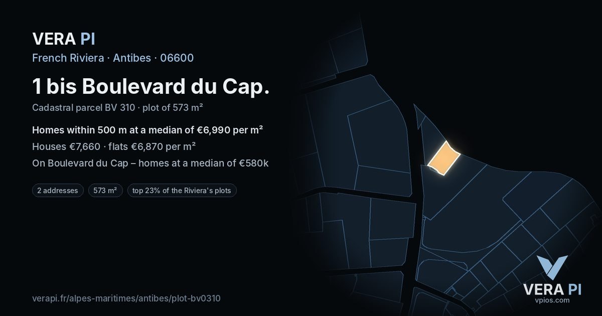 1 bis Boulevard du Cap, Antibes at night – the plot lit, the parcels around coloured by the prices near them