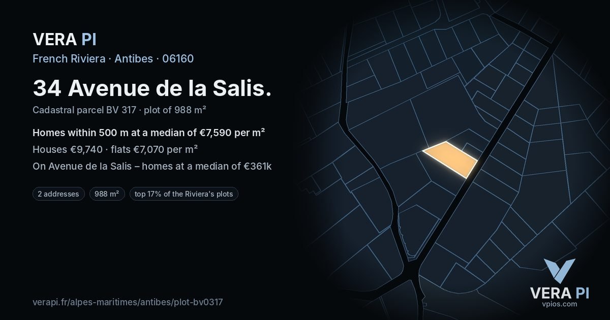 34 Avenue de la Salis, Antibes at night – the plot lit, the parcels around coloured by the prices near them