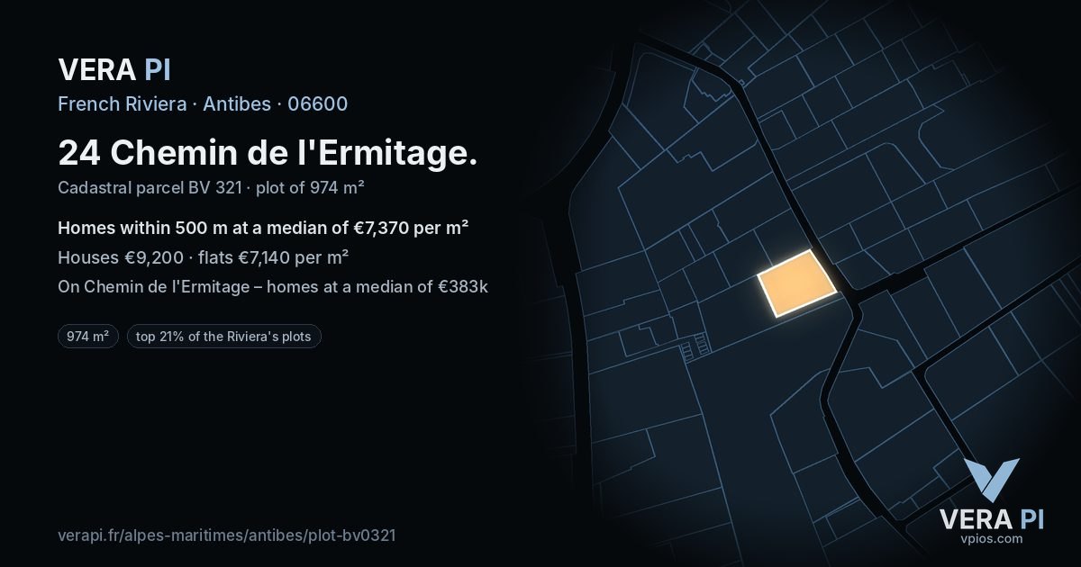 24 Chemin de l'Ermitage, Antibes at night – the plot lit, the parcels around coloured by the prices near them