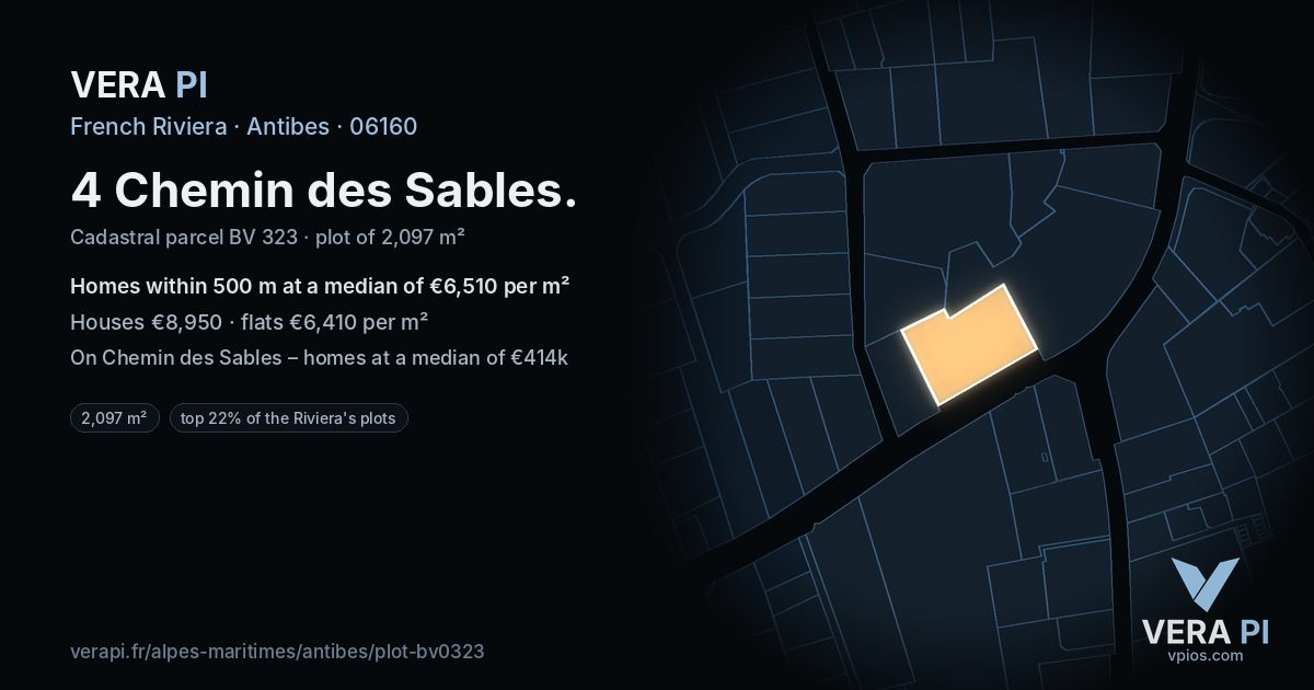 4 Chemin des Sables, Antibes at night – the plot lit, the parcels around coloured by the prices near them