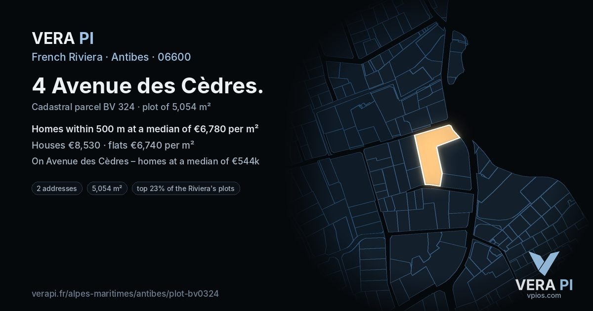 4 Avenue des Cèdres, Antibes at night – the plot lit, the parcels around coloured by the prices near them