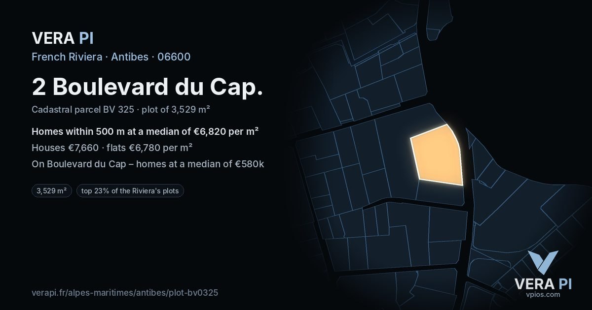 2 Boulevard du Cap, Antibes at night – the plot lit, the parcels around coloured by the prices near them