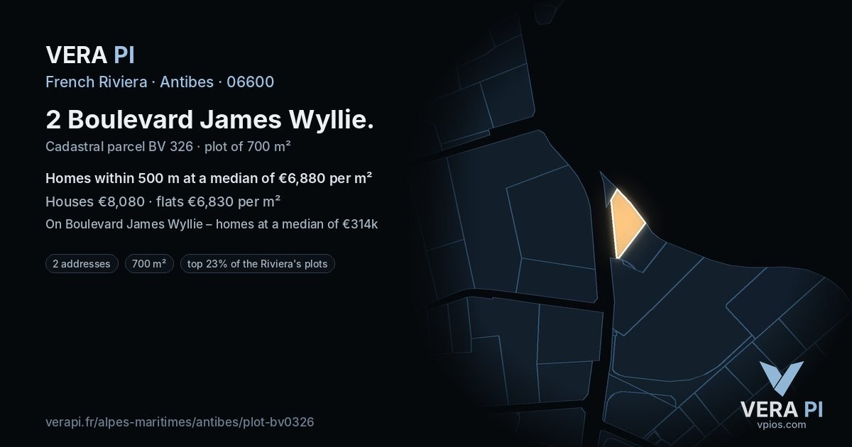 2 Boulevard James Wyllie, Antibes at night – the plot lit, the parcels around coloured by the prices near them