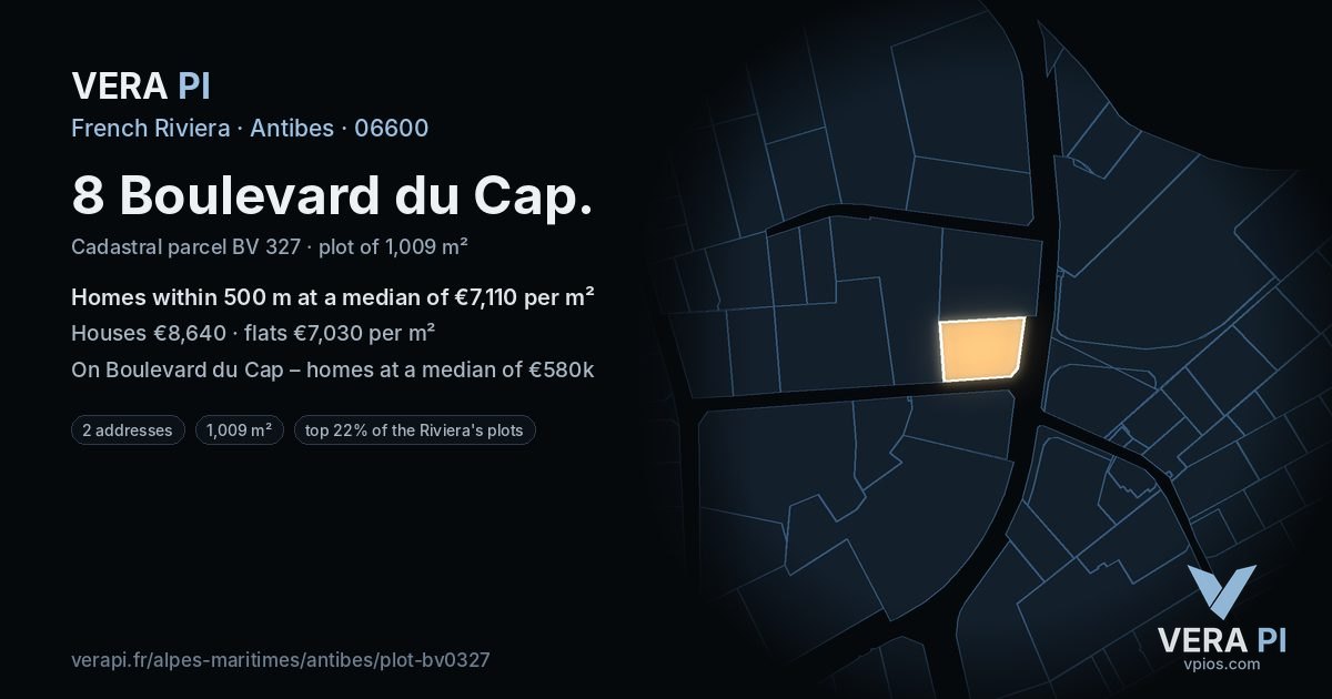 8 Boulevard du Cap, Antibes at night – the plot lit, the parcels around coloured by the prices near them