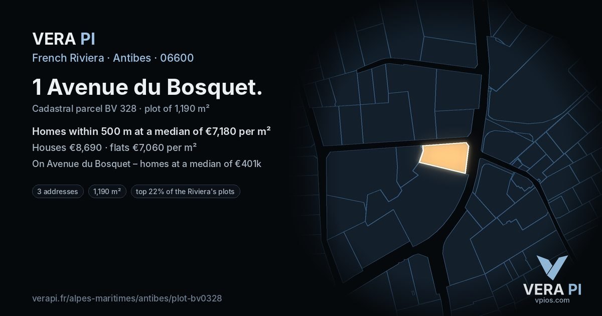 1 Avenue du Bosquet, Antibes at night – the plot lit, the parcels around coloured by the prices near them