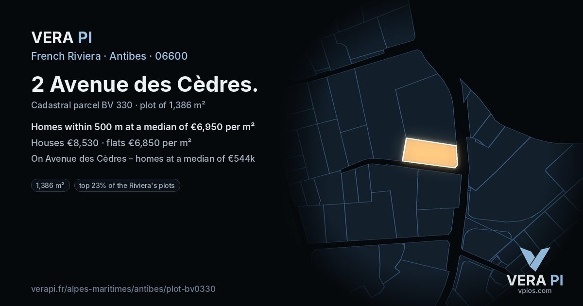 2 Avenue des Cèdres, Antibes at night – the plot lit, the parcels around coloured by the prices near them