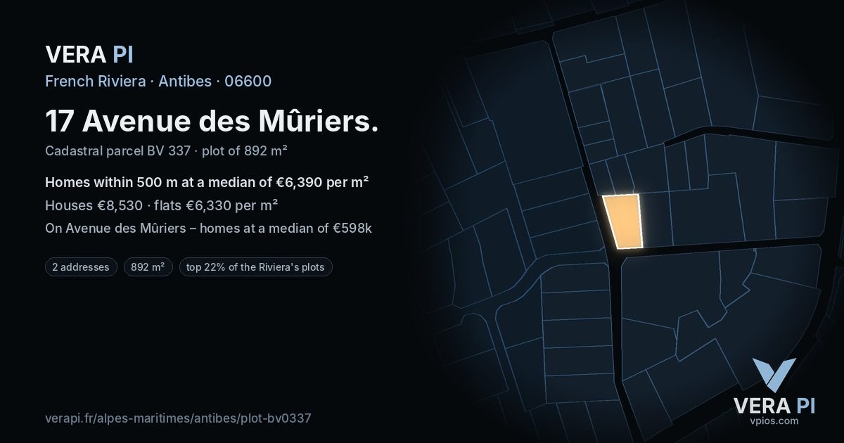 17 Avenue des Mûriers, Antibes at night – the plot lit, the parcels around coloured by the prices near them