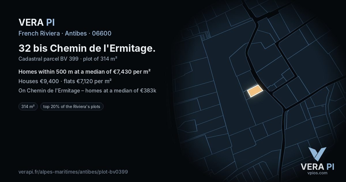32 bis Chemin de l'Ermitage, Antibes at night – the plot lit, the parcels around coloured by the prices near them