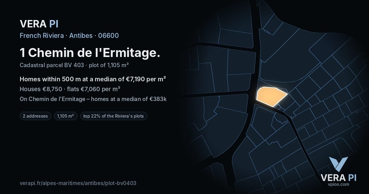 1 Chemin de l'Ermitage, Antibes at night – the plot lit, the parcels around coloured by the prices near them