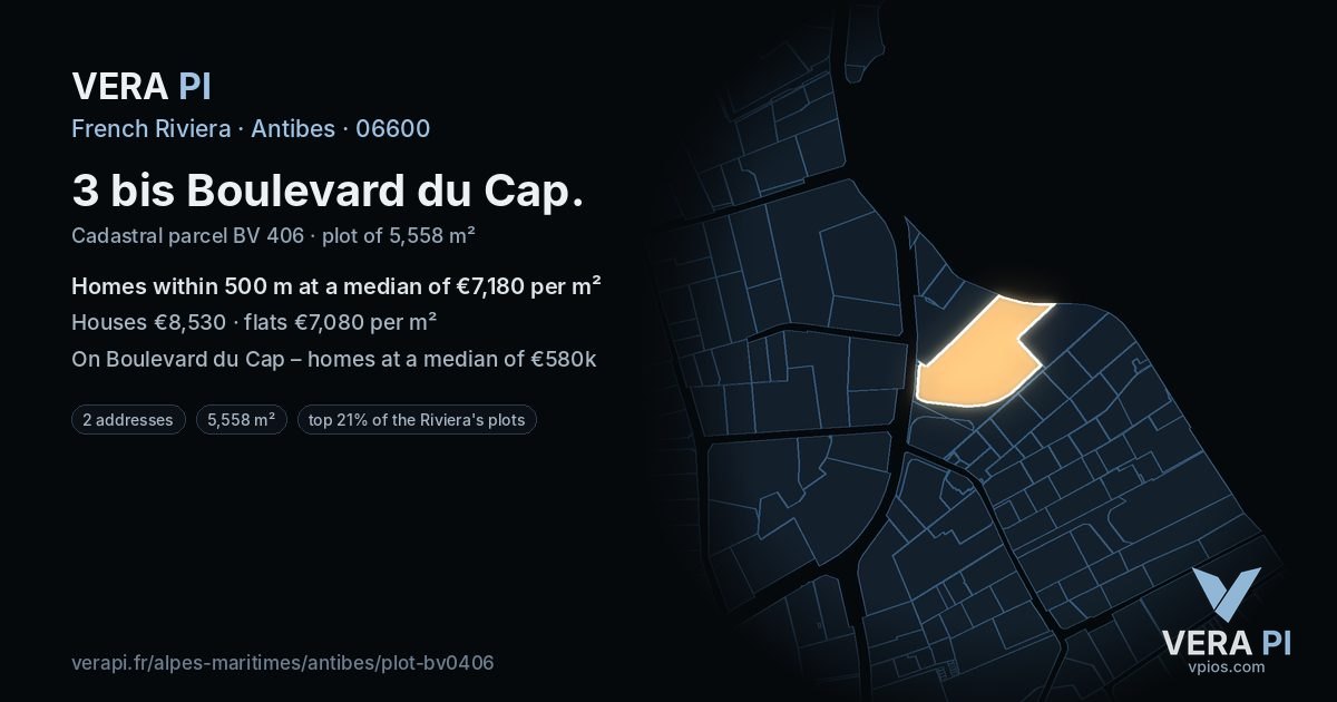 3 bis Boulevard du Cap, Antibes at night – the plot lit, the parcels around coloured by the prices near them