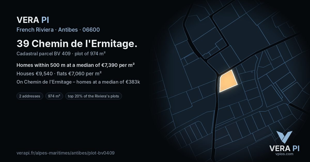 39 Chemin de l'Ermitage, Antibes at night – the plot lit, the parcels around coloured by the prices near them