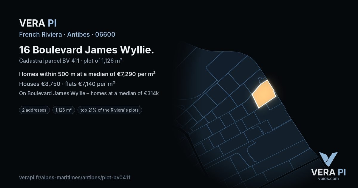 16 Boulevard James Wyllie, Antibes at night – the plot lit, the parcels around coloured by the prices near them
