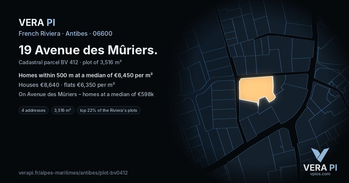 19 Avenue des Mûriers, Antibes at night – the plot lit, the parcels around coloured by the prices near them