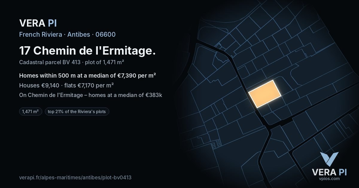 17 Chemin de l'Ermitage, Antibes at night – the plot lit, the parcels around coloured by the prices near them
