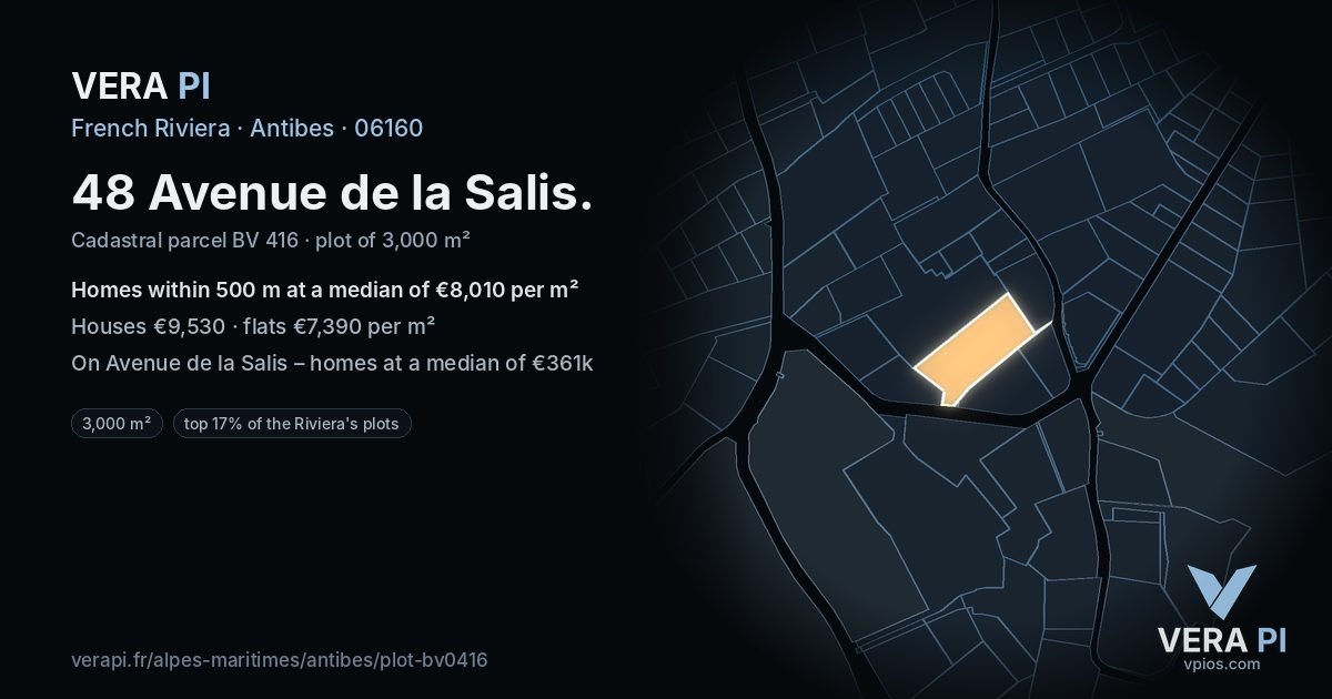 48 Avenue de la Salis, Antibes at night – the plot lit, the parcels around coloured by the prices near them