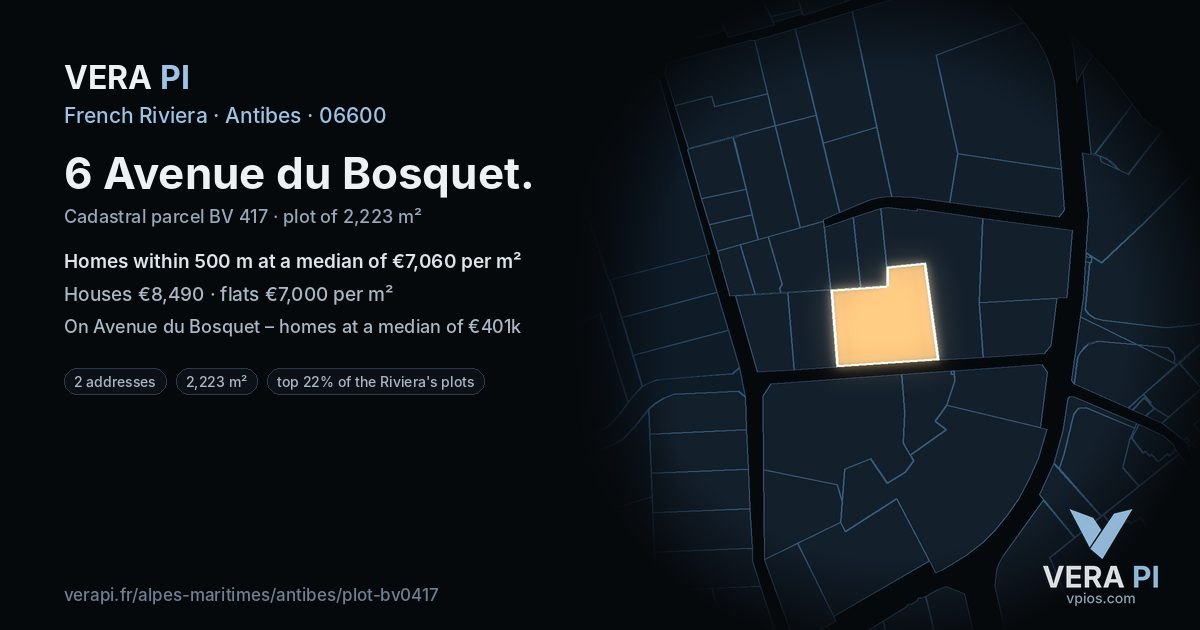 6 Avenue du Bosquet, Antibes at night – the plot lit, the parcels around coloured by the prices near them