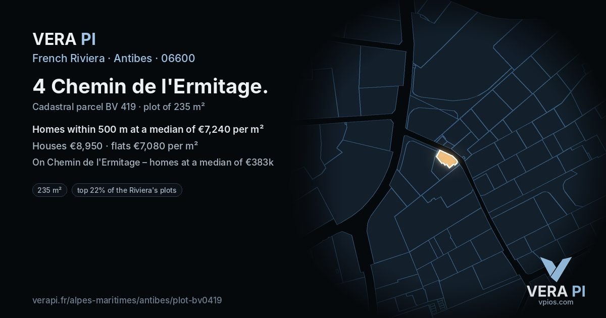 4 Chemin de l'Ermitage, Antibes at night – the plot lit, the parcels around coloured by the prices near them