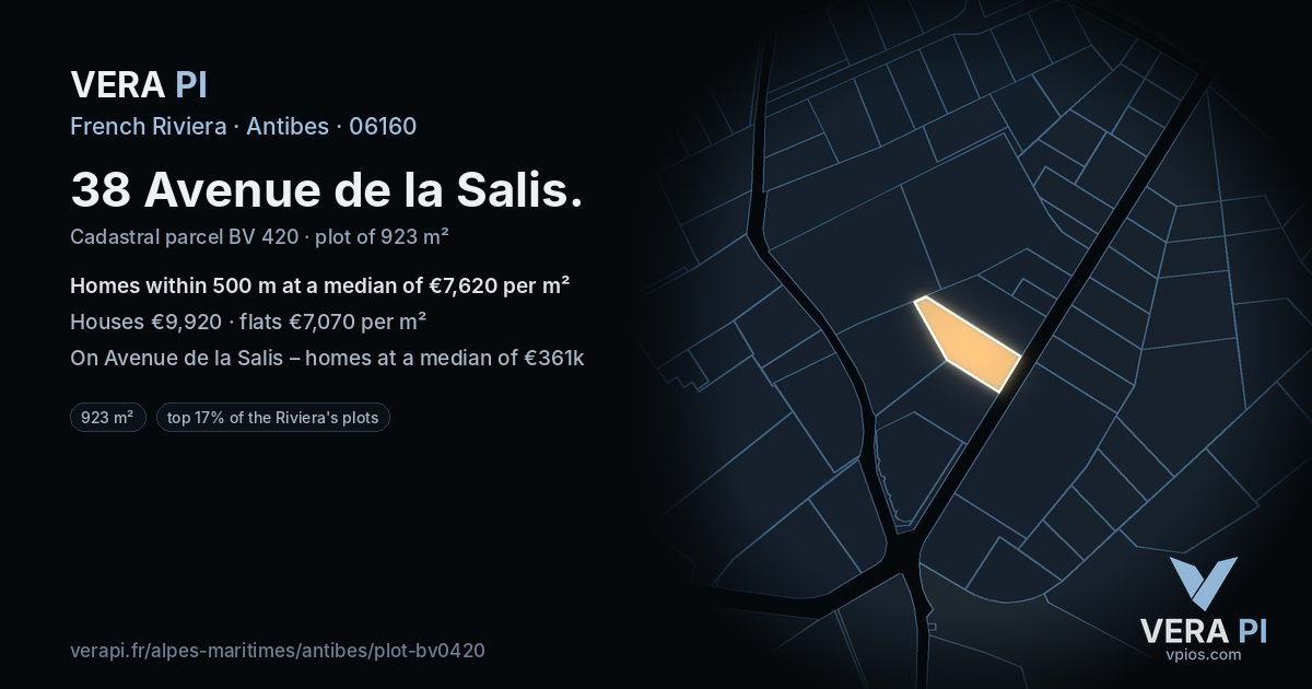 38 Avenue de la Salis, Antibes at night – the plot lit, the parcels around coloured by the prices near them