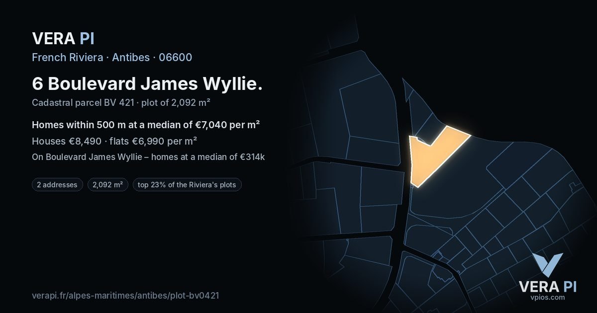 6 Boulevard James Wyllie, Antibes at night – the plot lit, the parcels around coloured by the prices near them