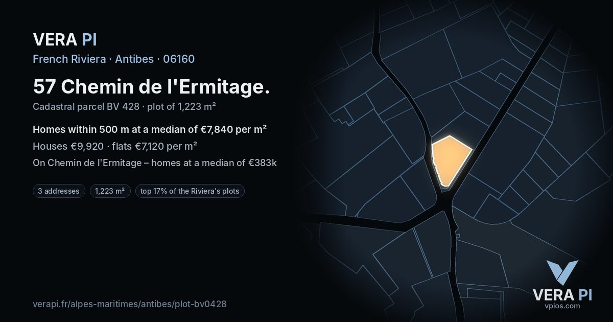 57 Chemin de l'Ermitage, Antibes at night – the plot lit, the parcels around coloured by the prices near them