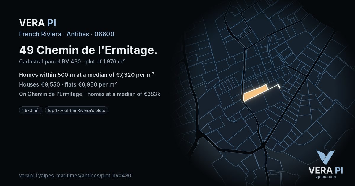 49 Chemin de l'Ermitage, Antibes at night – the plot lit, the parcels around coloured by the prices near them