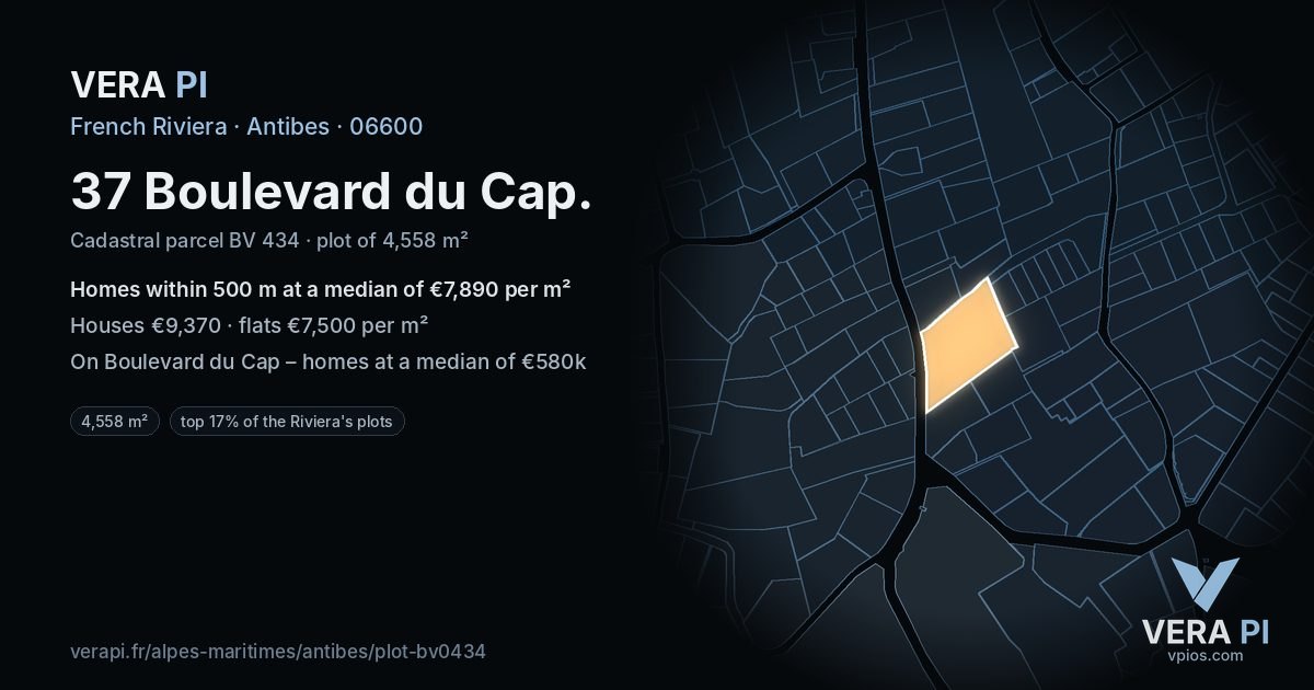 37 Boulevard du Cap, Antibes at night – the plot lit, the parcels around coloured by the prices near them