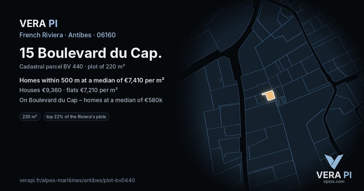 15 Boulevard du Cap, Antibes at night – the plot lit, the parcels around coloured by the prices near them