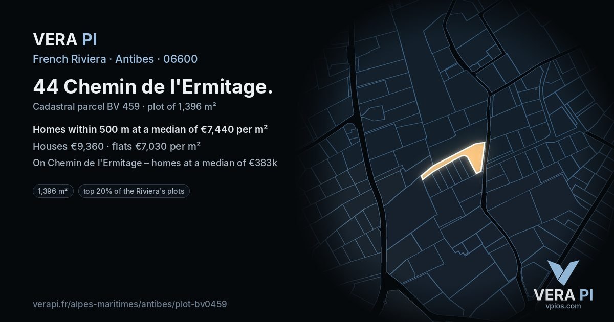 44 Chemin de l'Ermitage, Antibes at night – the plot lit, the parcels around coloured by the prices near them