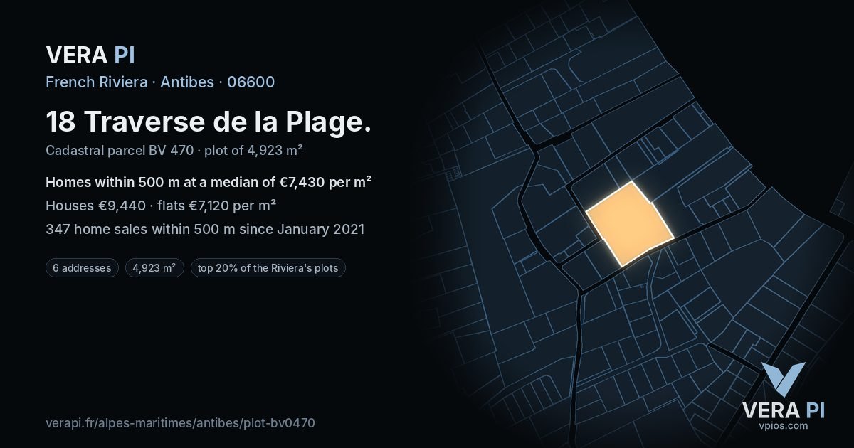 18 Traverse de la Plage, Antibes at night – the plot lit, the parcels around coloured by the prices near them