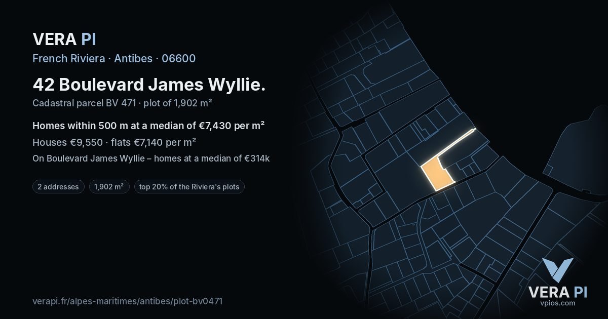 42 Boulevard James Wyllie, Antibes at night – the plot lit, the parcels around coloured by the prices near them