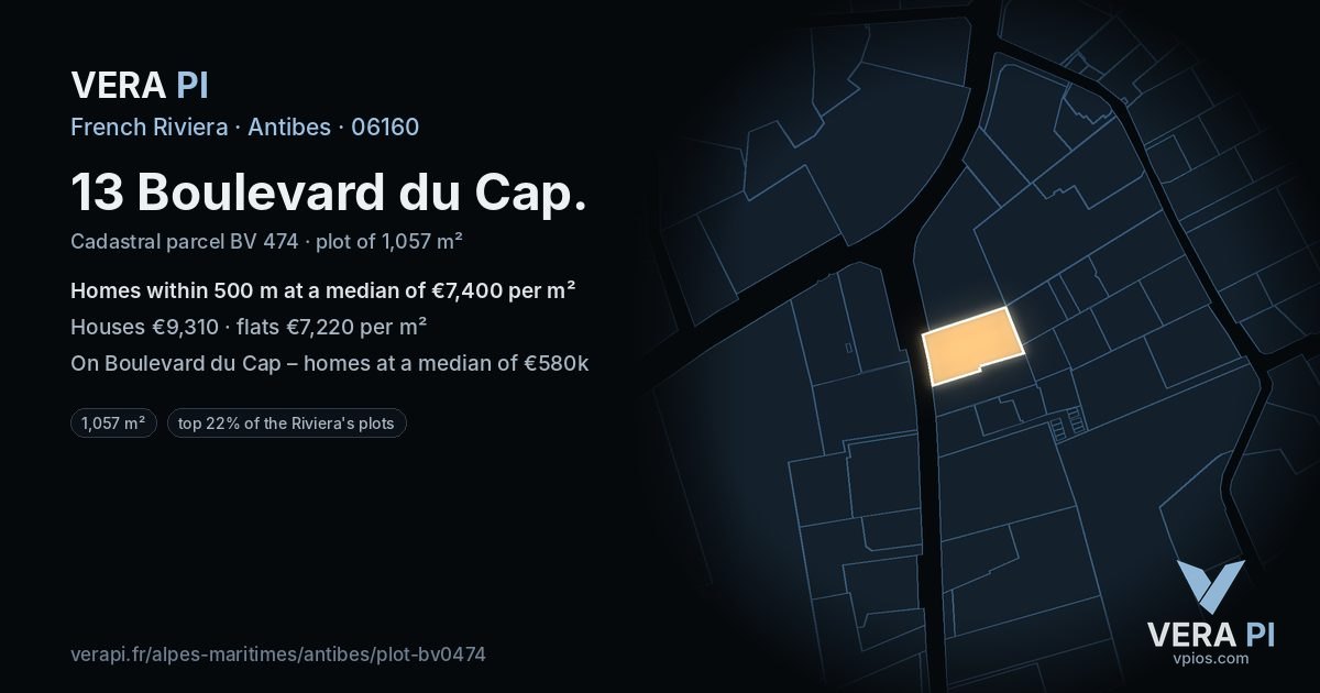 13 Boulevard du Cap, Antibes at night – the plot lit, the parcels around coloured by the prices near them