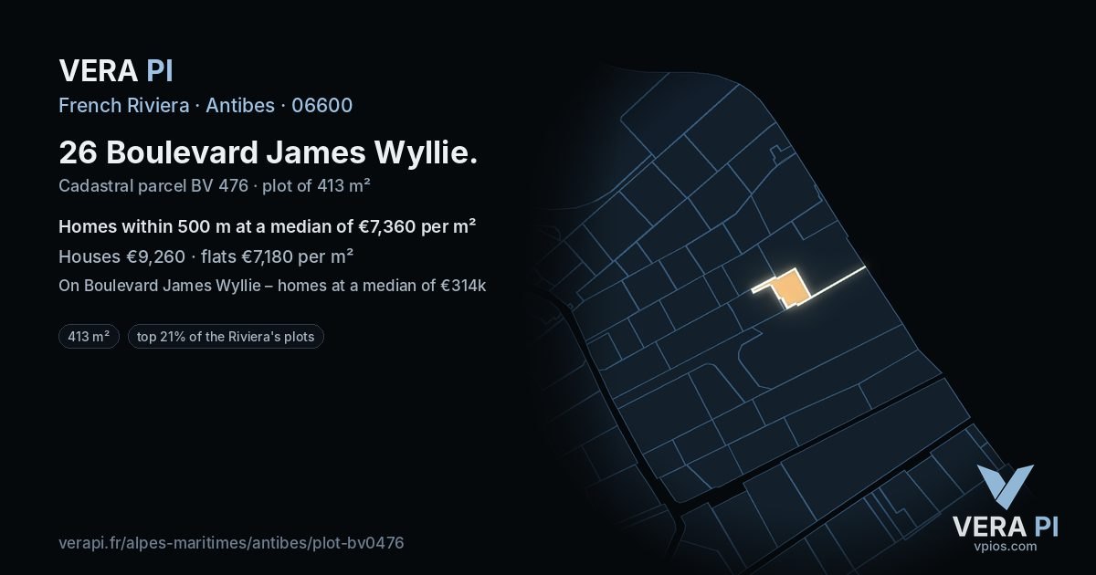 26 Boulevard James Wyllie, Antibes at night – the plot lit, the parcels around coloured by the prices near them