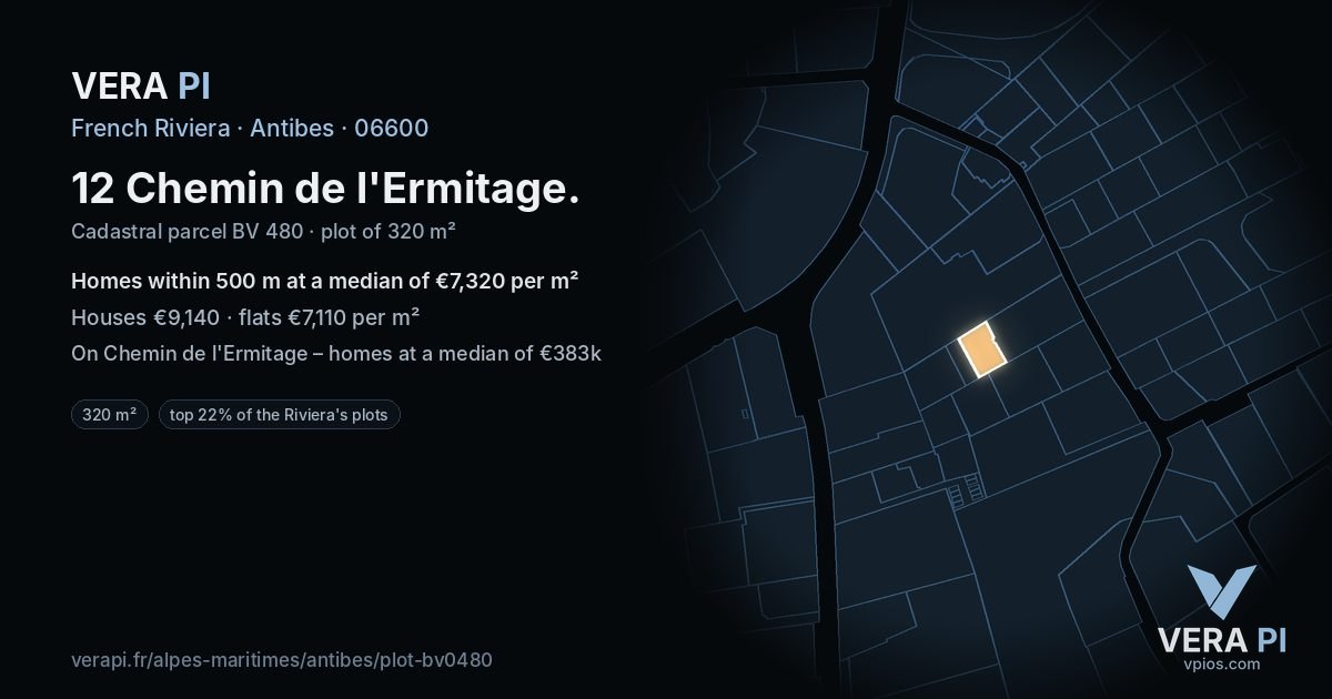 12 Chemin de l'Ermitage, Antibes at night – the plot lit, the parcels around coloured by the prices near them