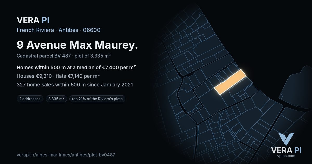 9 Avenue Max Maurey, Antibes at night – the plot lit, the parcels around coloured by the prices near them