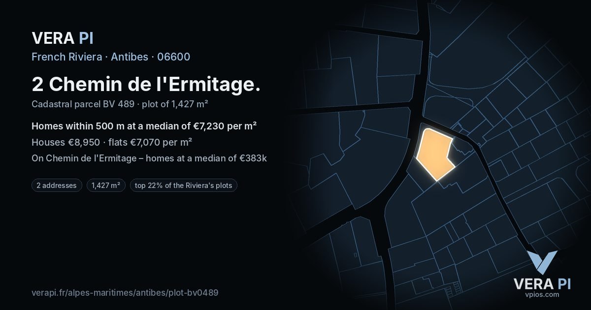 2 Chemin de l'Ermitage, Antibes at night – the plot lit, the parcels around coloured by the prices near them
