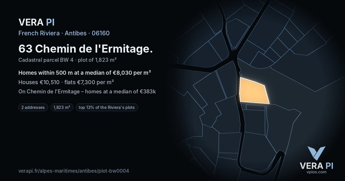 63 Chemin de l'Ermitage, Antibes at night – the plot lit, the parcels around coloured by the prices near them