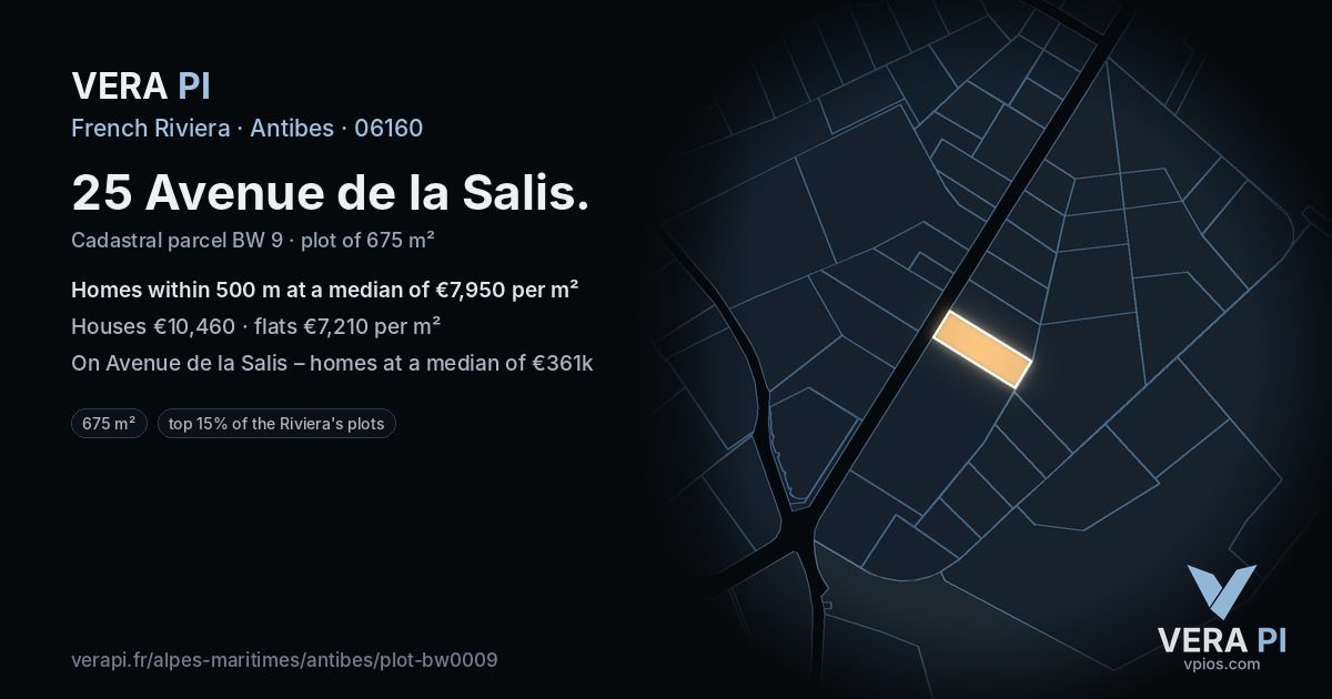 25 Avenue de la Salis, Antibes at night – the plot lit, the parcels around coloured by the prices near them
