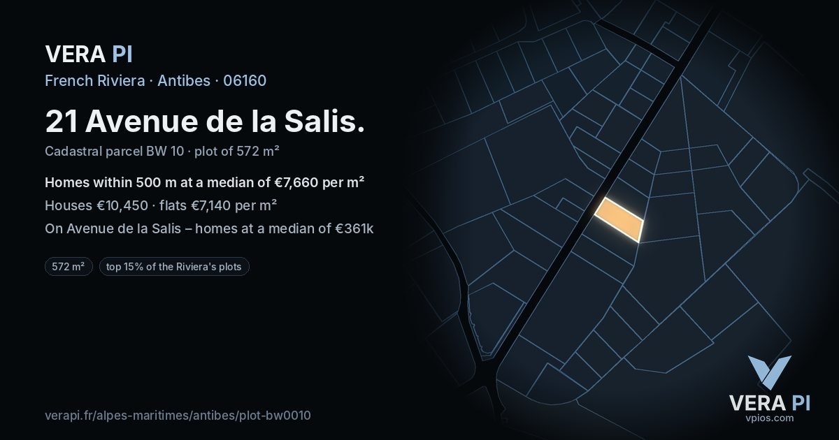21 Avenue de la Salis, Antibes at night – the plot lit, the parcels around coloured by the prices near them