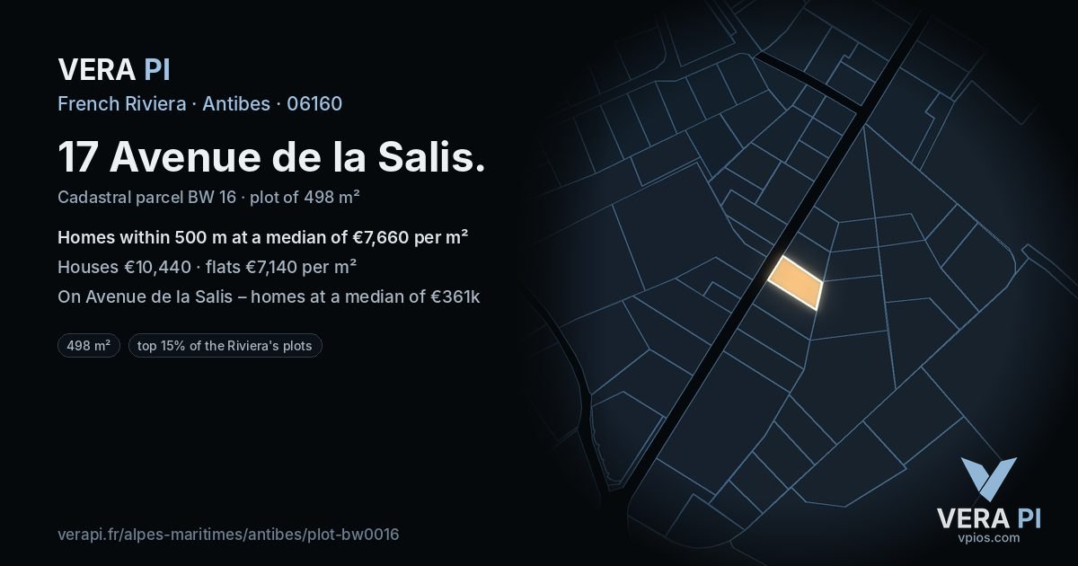 17 Avenue de la Salis, Antibes at night – the plot lit, the parcels around coloured by the prices near them