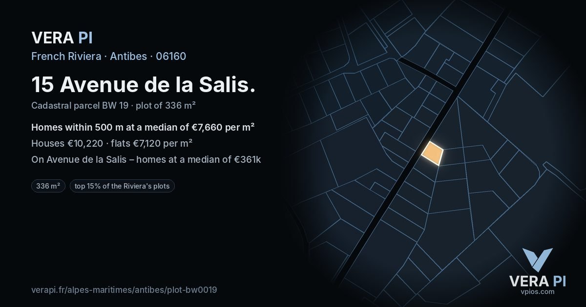 15 Avenue de la Salis, Antibes at night – the plot lit, the parcels around coloured by the prices near them