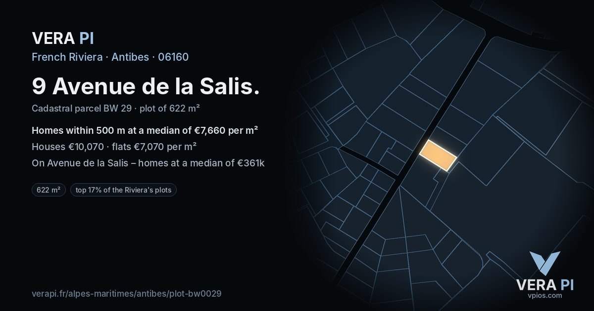 9 Avenue de la Salis, Antibes at night – the plot lit, the parcels around coloured by the prices near them
