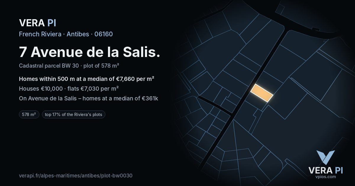 7 Avenue de la Salis, Antibes at night – the plot lit, the parcels around coloured by the prices near them