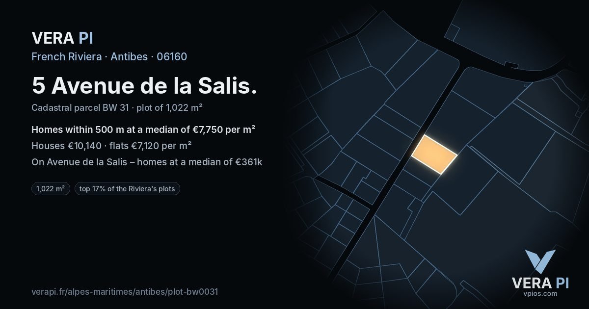 5 Avenue de la Salis, Antibes at night – the plot lit, the parcels around coloured by the prices near them