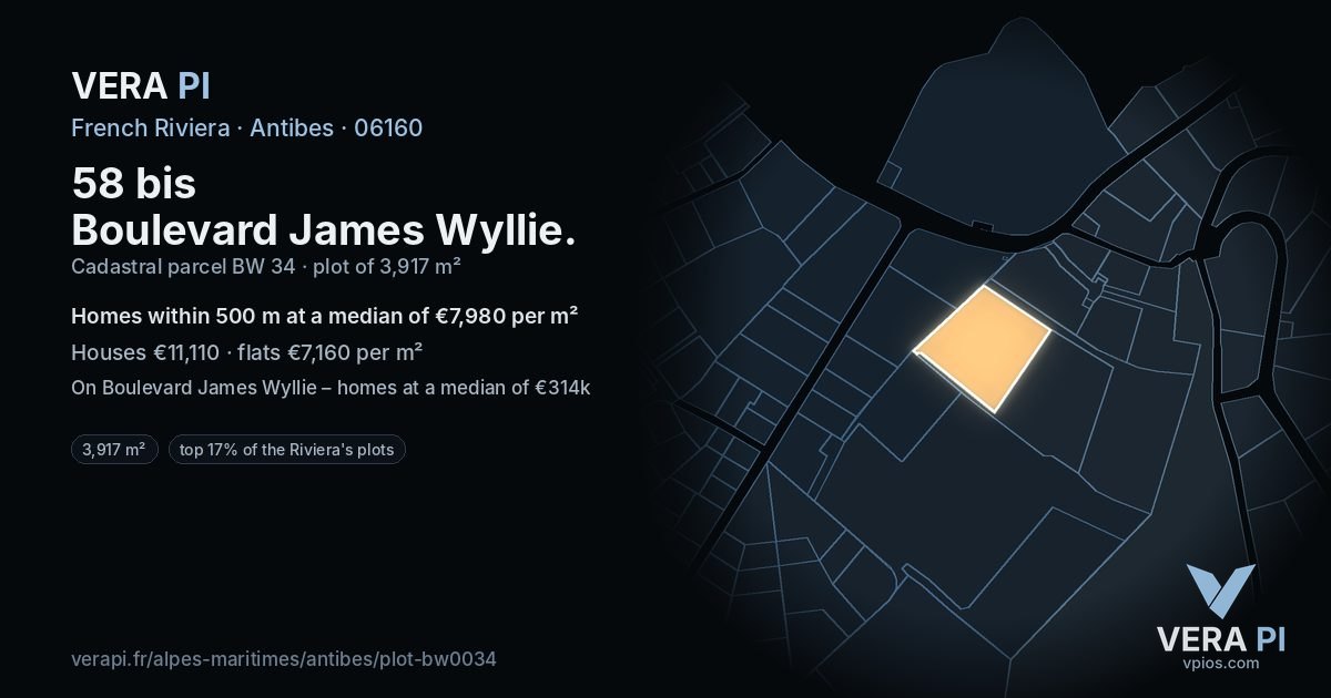 58 bis Boulevard James Wyllie, Antibes at night – the plot lit, the parcels around coloured by the prices near them