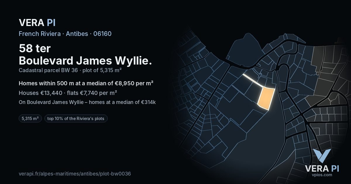 58 ter Boulevard James Wyllie, Antibes at night – the plot lit, the parcels around coloured by the prices near them