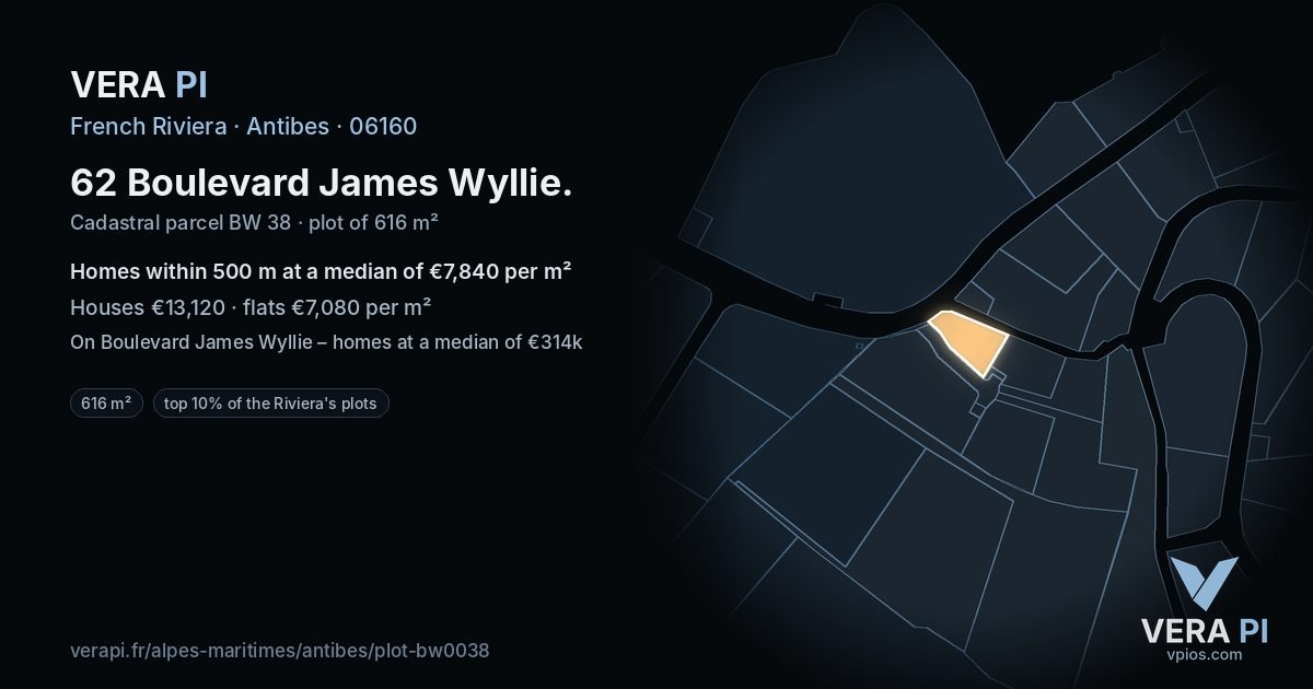 62 Boulevard James Wyllie, Antibes at night – the plot lit, the parcels around coloured by the prices near them