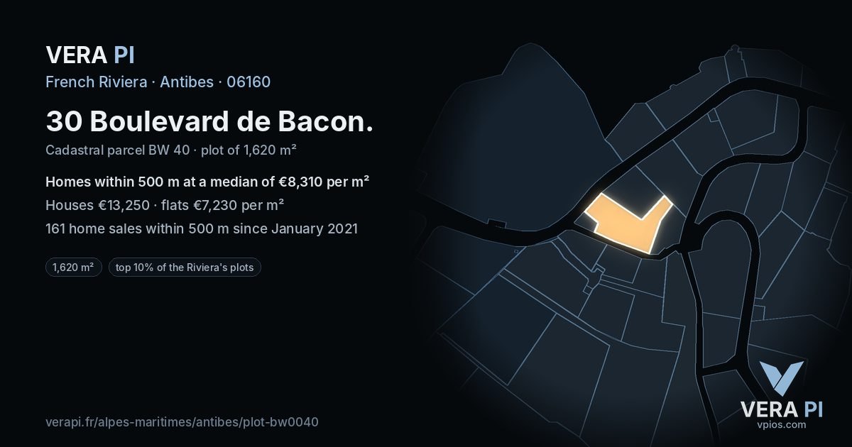 30 Boulevard de Bacon, Antibes at night – the plot lit, the parcels around coloured by the prices near them