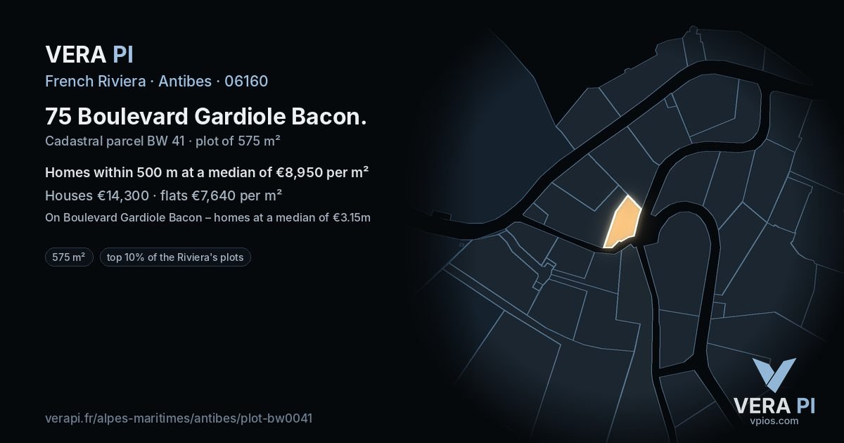 75 Boulevard Gardiole Bacon, Antibes at night – the plot lit, the parcels around coloured by the prices near them